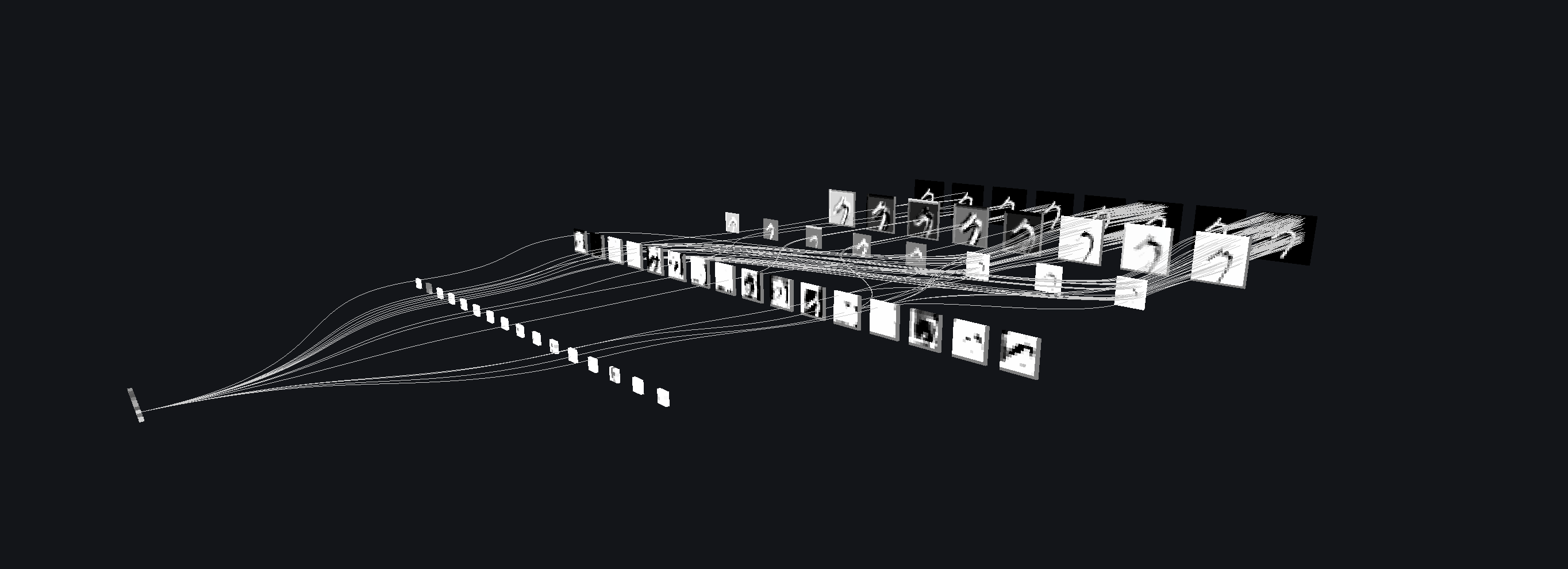 Topological visualization of a Convolutional Neural Network showing feature maps across layers connected by learned weights.