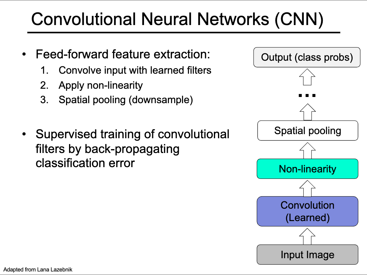 Building blocks of a Convolutional Neural Network, showing convolutional layers, activation functions (ReLU), and pooling layers arranged in sequence.
